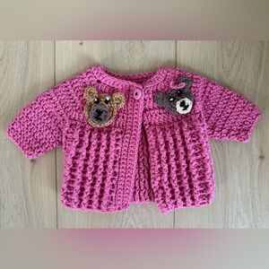 Hand-made Pink Knitted Baby Cardigan with Bear Patches (Size 0-6m?)